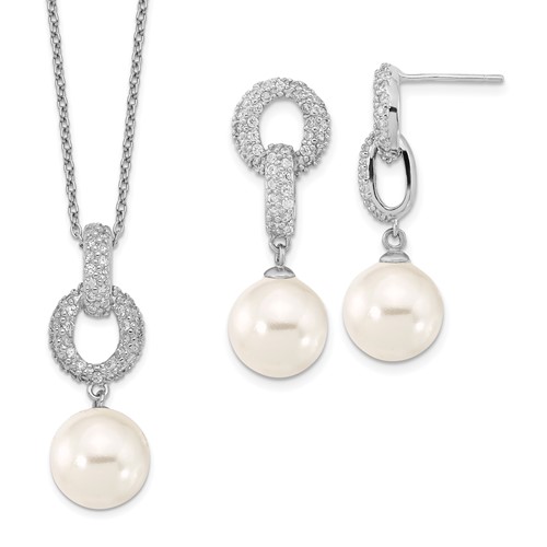 Sterling Silver Rhodium-plated 10-11mm White Imitation Shell Pearl and CZ Earrings and Necklace Set, 17"