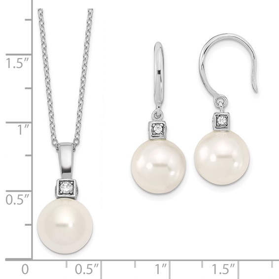 Majestik Sterling Silver Rhodium-plated 10-11mm White Imitation Shell Pearl and CZ Earrings and Spring Ring Clasp 17 inch Necklace Set