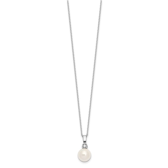 Majestik Sterling Silver Rhodium-plated 10-11mm White Imitation Shell Pearl and CZ Earrings and Spring Ring Clasp 17 inch Necklace Set