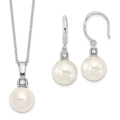 Sterling Silver Rhodium-plated 10-11mm White Imitation Shell Pearl and CZ Earrings and Necklace Set, 17"