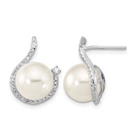 Sterling Silver Rhodium-plated 10-12mm White Imitation Shell Pearl and CZ Earrings and Necklace Set, 17" view 2