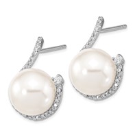 Sterling Silver Rhodium-plated 10-12mm White Imitation Shell Pearl and CZ Earrings and Necklace Set, 17" view 3