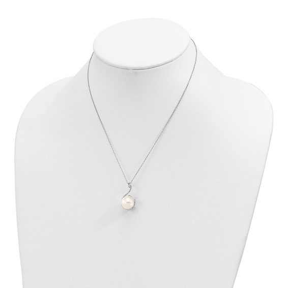 Majestik Sterling Silver Rhodium-plated 10-12mm White Imitation Shell Pearl and CZ Earrings and Spring Ring Clasp 17 inch Necklace Set