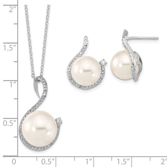 Majestik Sterling Silver Rhodium-plated 10-12mm White Imitation Shell Pearl and CZ Earrings and Spring Ring Clasp 17 inch Necklace Set