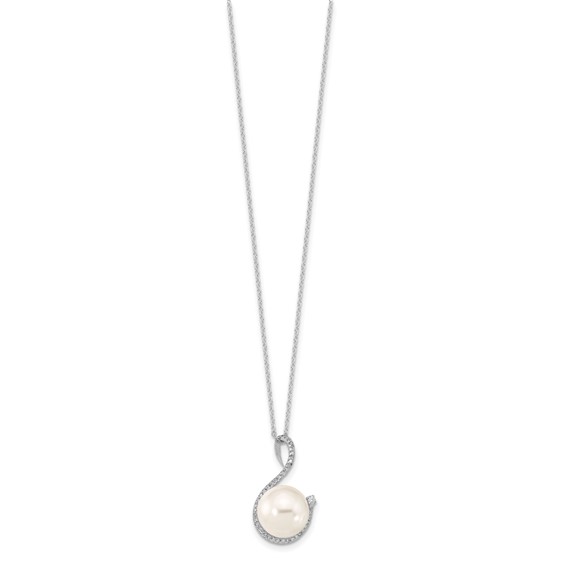 Majestik Sterling Silver Rhodium-plated 10-12mm White Imitation Shell Pearl and CZ Earrings and Spring Ring Clasp 17 inch Necklace Set