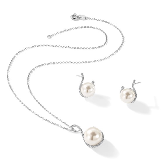 Majestik Sterling Silver Rhodium-plated 10-12mm White Imitation Shell Pearl and CZ Earrings and Spring Ring Clasp 17 inch Necklace Set
