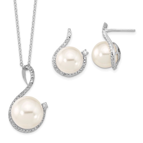 Sterling Silver Rhodium-plated 10-12mm White Imitation Shell Pearl and CZ Earrings and Necklace Set, 17"