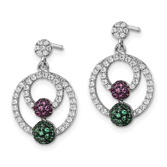 Brilliant Embers Sterling Silver Rhodium-plated 152 Stone Multi Micro Pavé Green Red and White CZ Circle Dangle Post Earrings