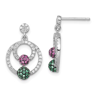 Brilliant Embers Sterling Silver Rhodium-plated 152 Stone Multi Micro Pavé Green Red and White CZ Circle Dangle Post Earrings