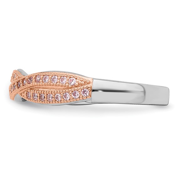Brilliant Embers Sterling Silver Rose Gold-plated Rhodium-plated 48 Stone Criss Cross Micro Pavé CZ Polished Ring