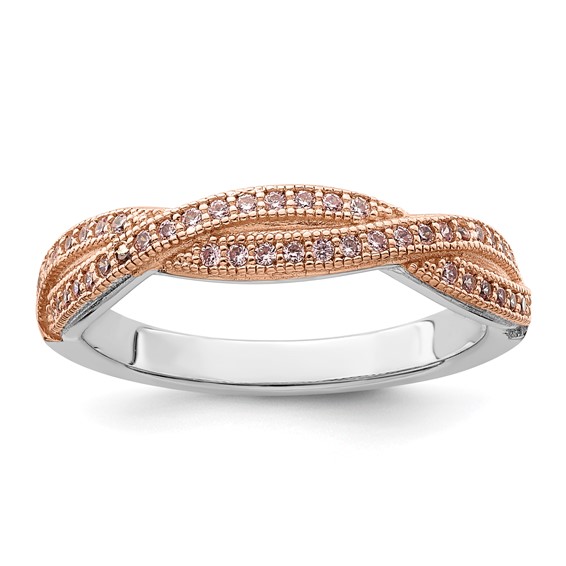 Brilliant Embers Sterling Silver Rose Gold-plated Rhodium-plated 48 Stone Criss Cross Micro Pavé CZ Polished Ring