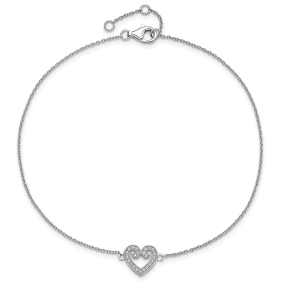Brilliant Embers Sterling Silver Rhodium-plated 23 Stone 9 inch Micro Pavé CZ Heart Anklet with 1 Inch Extender