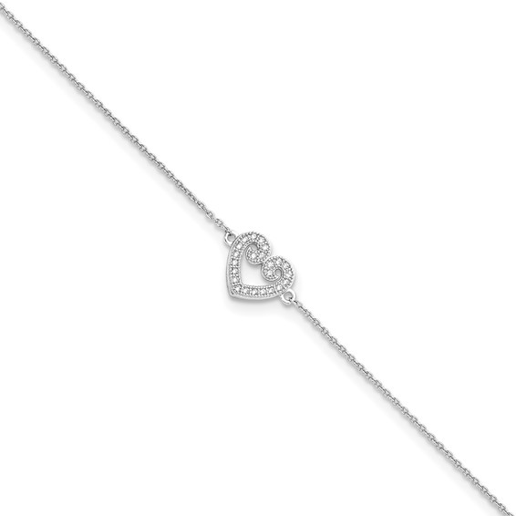 Brilliant Embers Sterling Silver Rhodium-plated 23 Stone 9 inch Micro Pavé CZ Heart Anklet with 1 Inch Extender