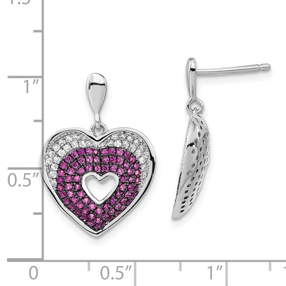 Brilliant Embers Sterling Silver Rhodium-plated Pink & Clear CZ Heart Post Dangle Earrings