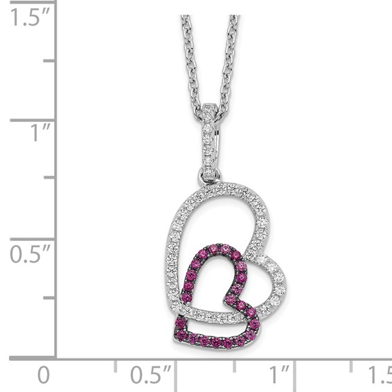 Brilliant Embers Sterling Silver Rhodium-plated 62 Stone 18 inch Micro Pavé Red and White CZ Heart Necklace with 2 Inch Extender