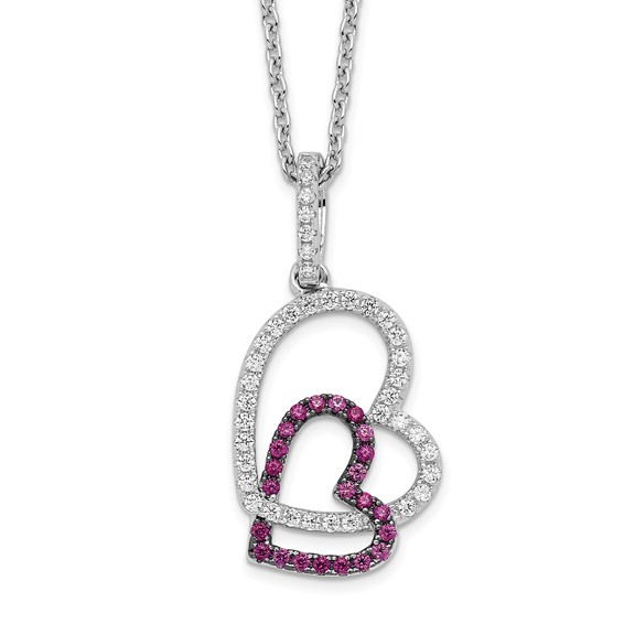 Brilliant Embers Sterling Silver Rhodium-plated 62 Stone 18 inch Micro Pavé Red and White CZ Heart Necklace with 2 Inch Extender
