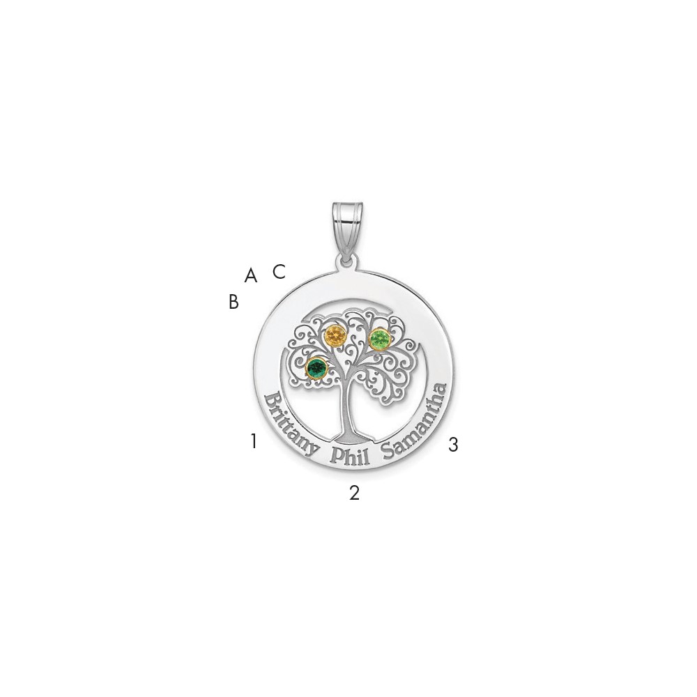 Sterling Silver Rhod-plated 3 Birthstone Pendant with 14K Bezel Family
