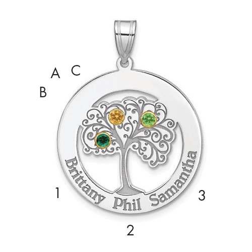 Sterling Silver Rhod-plated 3 Birthstone Pendant with 14K Bezel Family