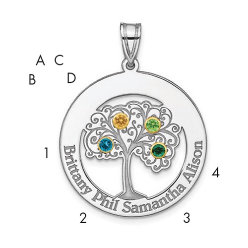 Sterling Silver Rhod-plated 4 Birthstone Pendant with 14K Bezel Family