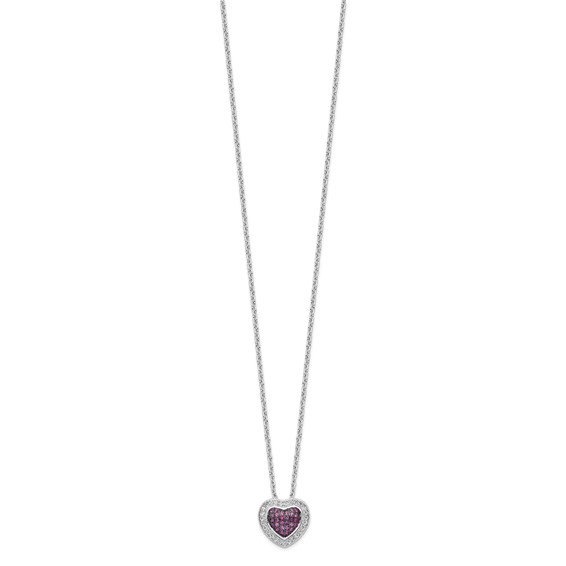 Brilliant Embers Sterling Silver Rhodium-plated 112 Stone 18 inch with 2 inch extender Lobster Clasp Micro Pavé Red and White CZ Heart Necklace with 2 Inch Extender