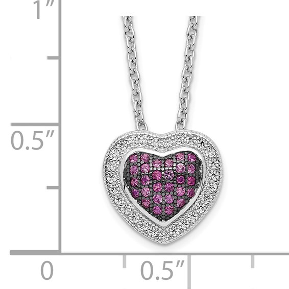 Brilliant Embers Sterling Silver Rhodium-plated 112 Stone 18 inch with 2 inch extender Lobster Clasp Micro Pavé Red and White CZ Heart Necklace with 2 Inch Extender