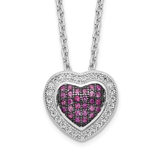 Brilliant Embers Sterling Silver Rhodium-plated 112 Stone 18 inch with 2 inch extender Lobster Clasp Micro Pavé Red and White CZ Heart Necklace with 2 Inch Extender