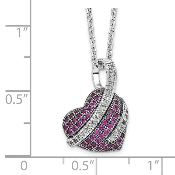 Brilliant Embers Sterling Silver Rhodium-plated 68 Stone 18 inch Micro Pavé Pink and White CZ Heart Necklace with 2 Inch Extender