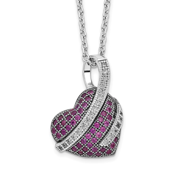 Brilliant Embers Sterling Silver Rhodium-plated 68 Stone 18 inch Micro Pavé Pink and White CZ Heart Necklace with 2 Inch Extender