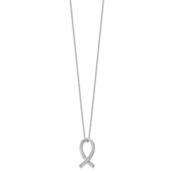Brilliant Embers Sterling Silver Rhodium-plated 38 Stone 18 inch Micro Pavé Pink CZ Awareness Ribbon Necklace with 2 Inch Extender