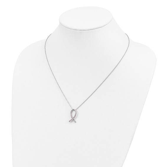 Brilliant Embers Sterling Silver Rhodium-plated 38 Stone 18 inch Micro Pavé Pink CZ Awareness Ribbon Necklace with 2 Inch Extender