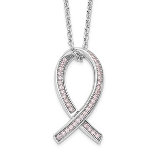Brilliant Embers Sterling Silver Rhodium-plated 38 Stone 18 inch Micro Pavé Pink CZ Awareness Ribbon Necklace with 2 Inch Extender
