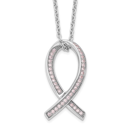 Brilliant Embers Sterling Silver Rhodium-plated 38 Stone Micro Pavé Pink CZ Awareness Ribbon Necklace with 2 Inch Extender, 18"