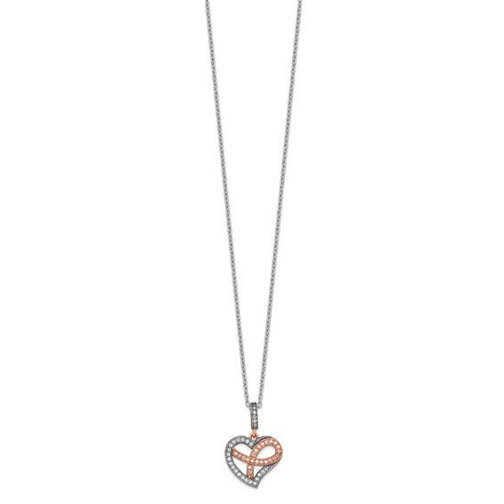 Brilliant Embers Sterling Silver Rose Gold-plated Rhodium-plated 49 Stone 18 inch Micro Pavé CZ Polished Heart Necklace with 2 Inch Extender
