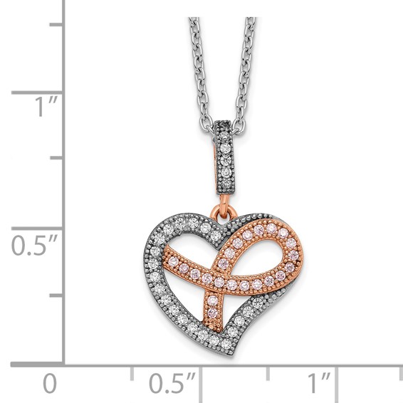 Brilliant Embers Sterling Silver Rose Gold-plated Rhodium-plated 49 Stone 18 inch Micro Pavé CZ Polished Heart Necklace with 2 Inch Extender