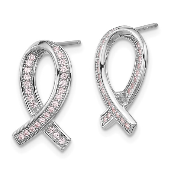 Brilliant Embers Sterling Silver Rhodium-plated 52 Stone Micro Pavé Pink CZ Awareness Ribbon Post Earrings
