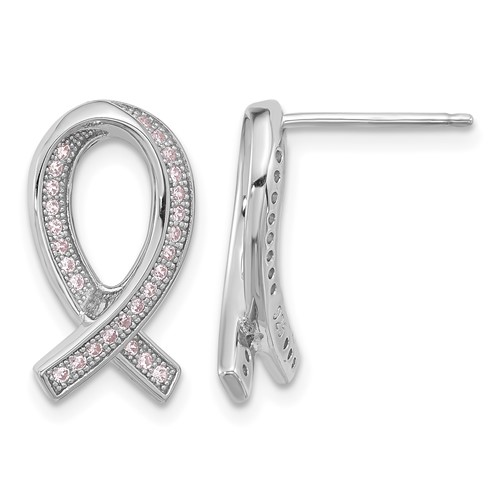 Brilliant Embers Sterling Silver Rhodium-plated 52 Stone Micro Pavé Pink CZ Awareness Ribbon Post Earrings