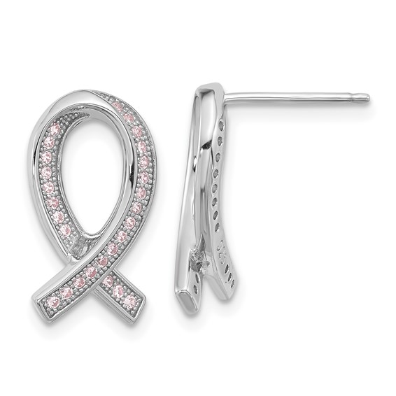 Brilliant Embers Sterling Silver Rhodium-plated 52 Stone Micro Pavé Pink CZ Awareness Ribbon Post Earrings