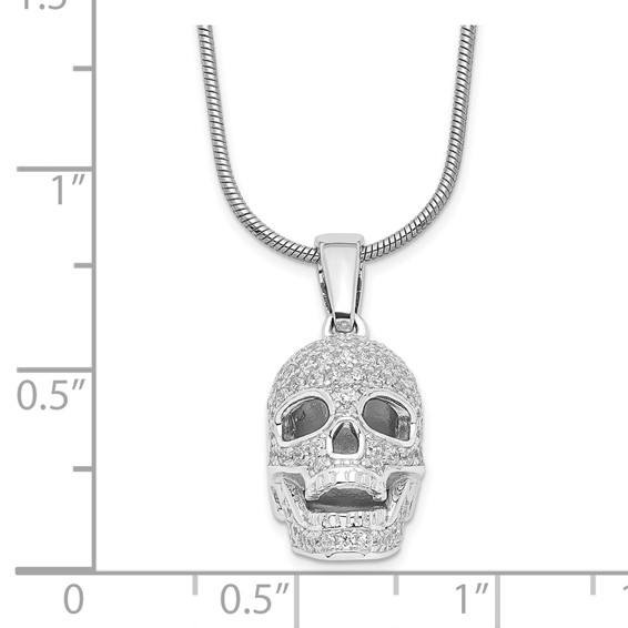 Brilliant Embers Sterling Silver Rhodium-plated 88 Stone 18 inch Micro Pavé CZ Polished Skull Necklace with 2 Inch Extender