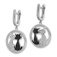 Brilliant Embers Sterling Silver Rhodium-plated 194 Stone Black and White CZ Cat Dangle Hinged Hoop Earrings view 2