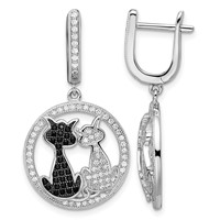 Brilliant Embers Sterling Silver Rhodium-plated 194 Stone Black and White CZ Cat Dangle Hinged Hoop Earrings view 1