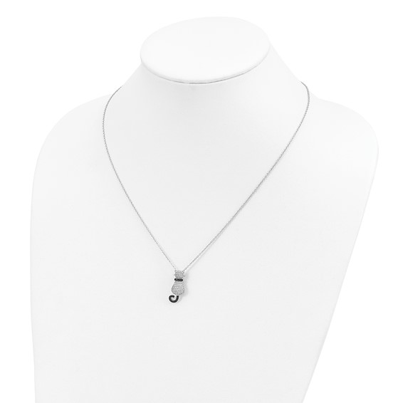 Brilliant Embers Sterling Silver Rhodium-plated 80 Stone 18 inch Micro Pavé Black and White CZ Polished Cat Necklace with 2 Inch Extender