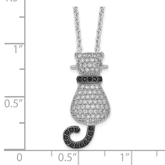 Brilliant Embers Sterling Silver Rhodium-plated 80 Stone 18 inch Micro Pavé Black and White CZ Polished Cat Necklace with 2 Inch Extender