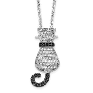 Brilliant Embers Sterling Silver Rhodium-plated 80 Stone 18 inch Micro Pavé Black and White CZ Polished Cat Necklace with 2 Inch Extender