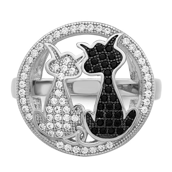 Brilliant Embers Sterling Silver Rhodium-plated 87 Stone Micro Pavé Black and White CZ Polished Cat Ring
