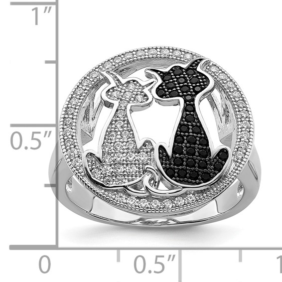 Brilliant Embers Sterling Silver Rhodium-plated 87 Stone Micro Pavé Black and White CZ Polished Cat Ring