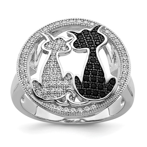 Brilliant Embers Sterling Silver Rhodium-plated 87 Stone Micro Pavé Black and White CZ Polished Cat Ring