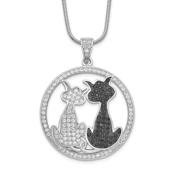 Brilliant Embers Sterling Silver Rhodium-plated 155 Stone 18 inch Micro Pavé Black and White CZ Cat Necklace with 2 Inch Extender