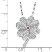 Sterling Silver Rhodium CZ & Red Corundum Four Leaf Clover Necklace view 2