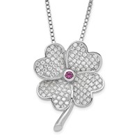 Sterling Silver Rhodium CZ & Red Corundum Four Leaf Clover Necklace view 1