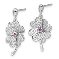 Sterling Silver Rhod-plated CZ & Red Corundum Four Leaf Clover Earrings view 2